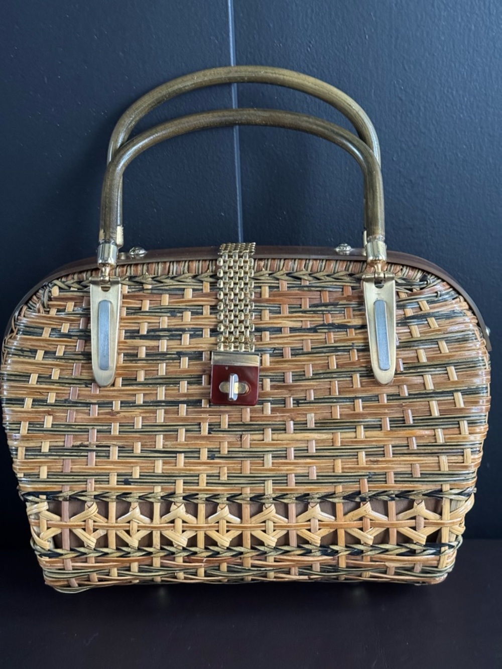 Vintage Woven Rattan Satchel Handbag in Natural Brown